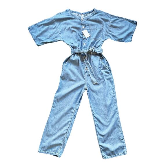 FREE PEOPLE Jumpsuit Marley Denim Short Sleeve Belt High Rise Button Blue Small - Picture 10 of 10